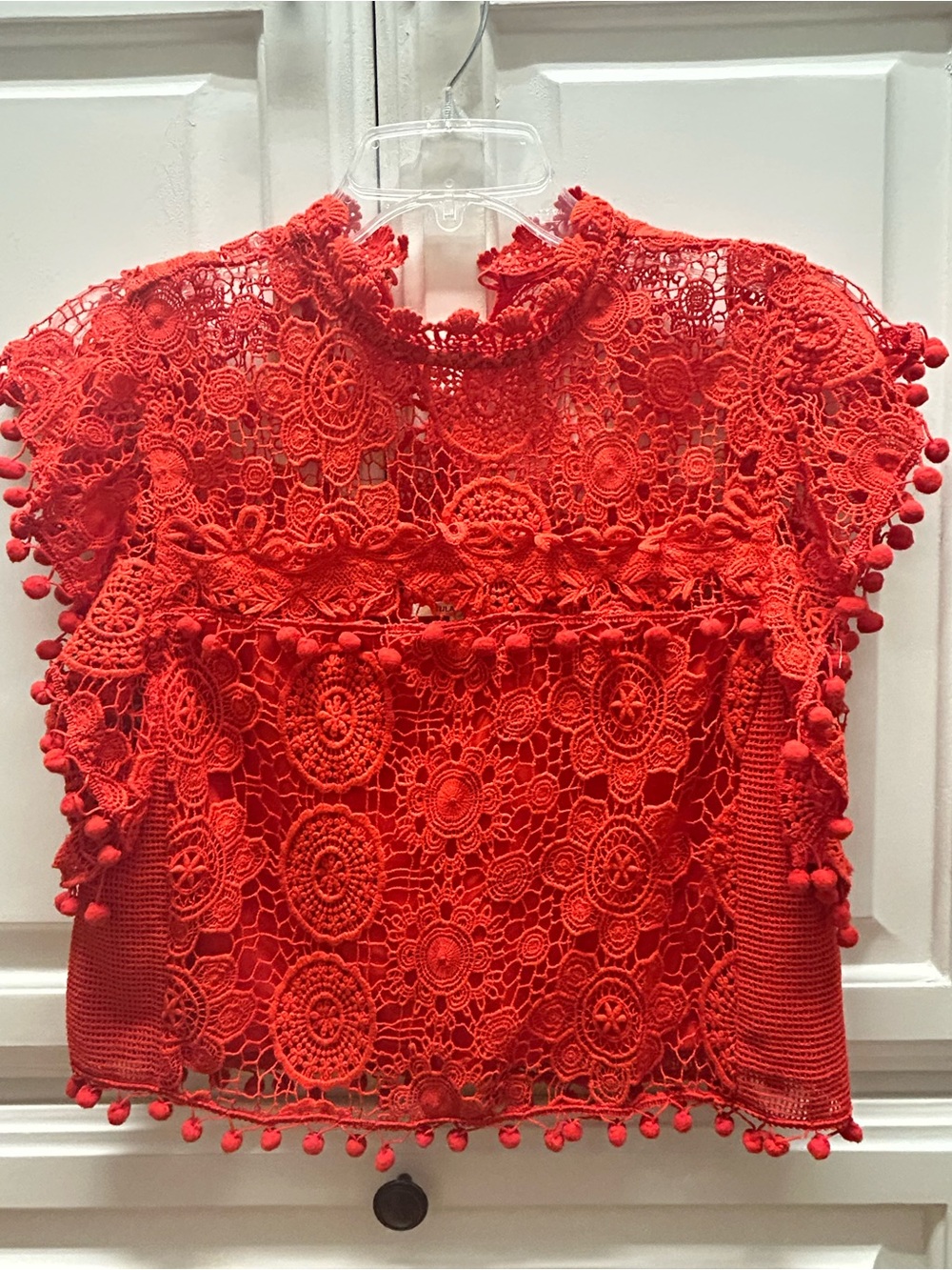 Lace Crochet Pom-Pom Short Sleeve Top - Red